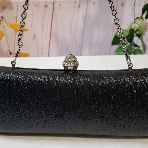 Kate Landry Black Textured Barrel Evening Mini Hand Bag Clutch Purse Chain - Picture 2 of 12